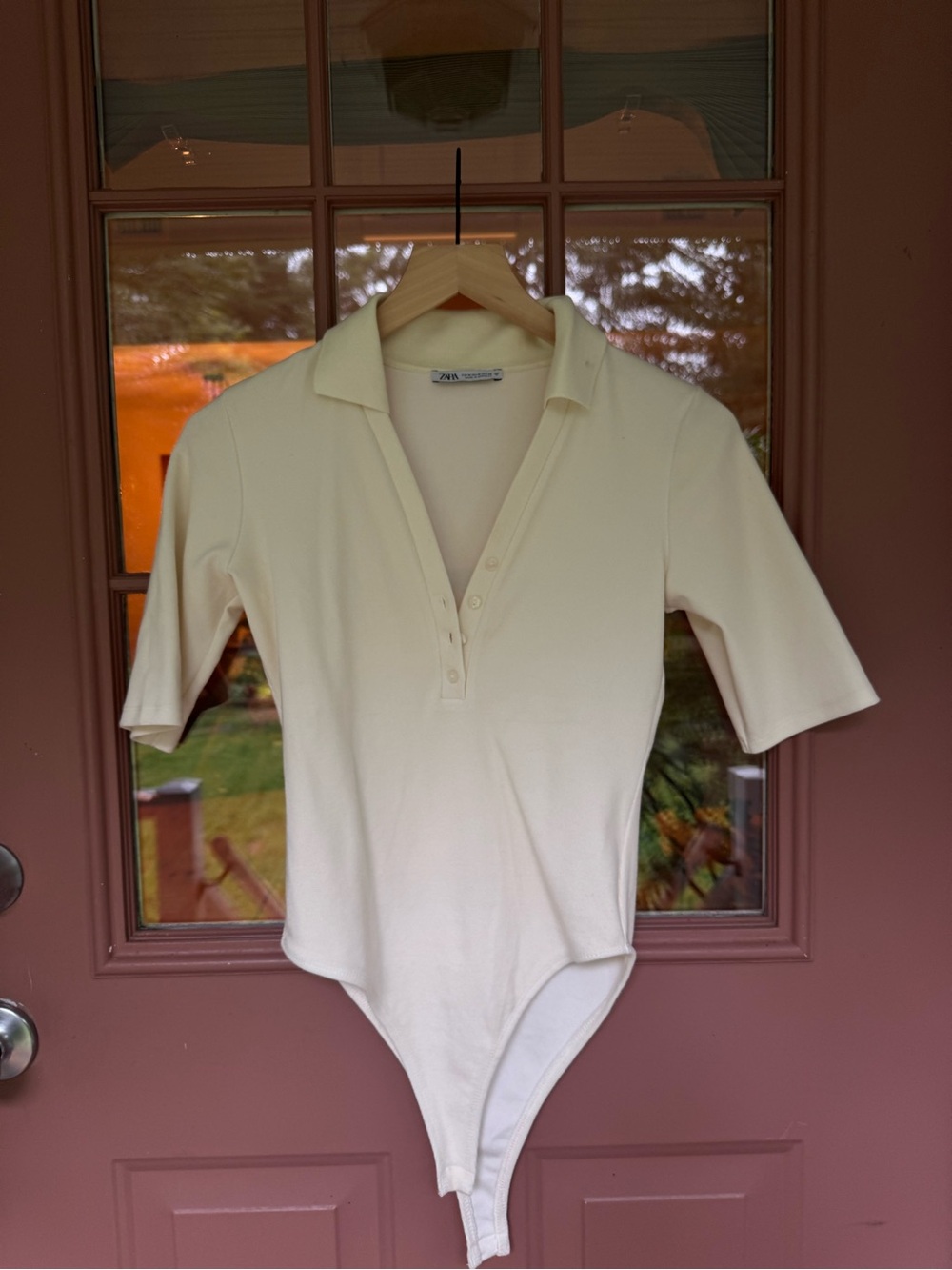 Zara Cream Polo-Style Quarter-Sleeve Bodysuit